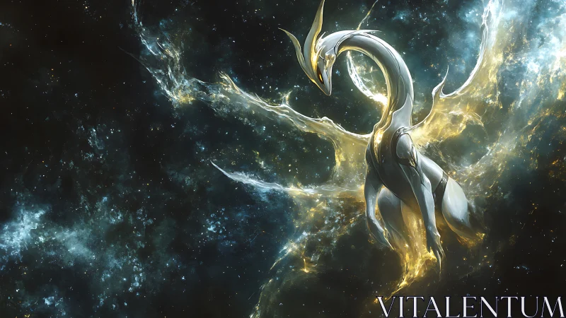 Celestial dragon construct glides through a glowing cosmic storm