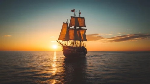 Silhouetted tall ship crosses calm sea under radiant sunset