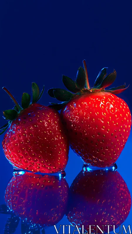 Close-up studio photograph of two strawberries on blue surface.