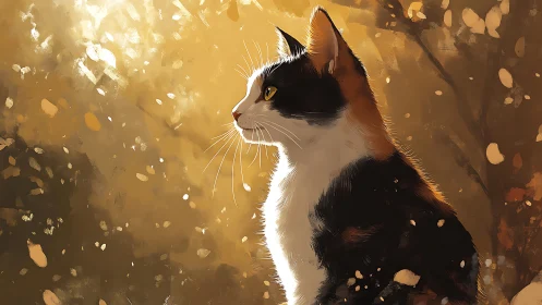Calico cat profile in warm golden forest light.