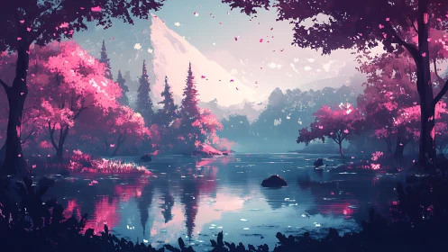 Mountain lake with pink foliage under calm sky.