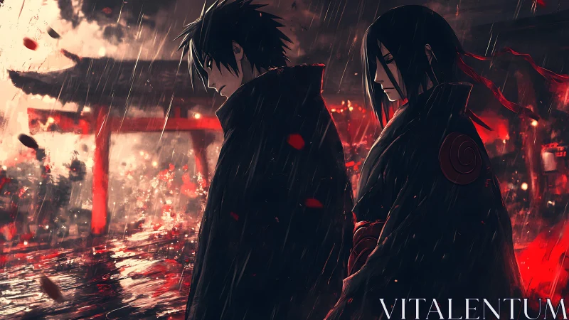 Brooding ninja brothers crossing a rain soaked crimson shrine.