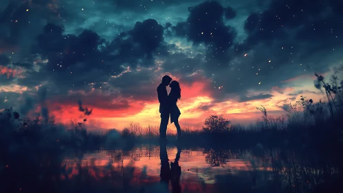 Silhouetted couple kissing at sunset over water
