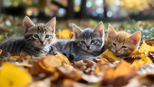Three Adorable Kittens Playing Among Golden Autumn Leaves