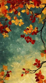 Impasto autumn canopy with teal to ochre atmospheric ground.