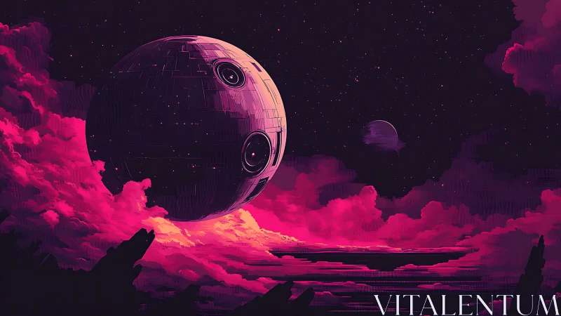 Neon dusk sphere drifts above a magenta storm sea of clouds.