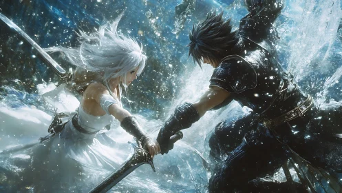 Opposed swordsmen in dynamic water-filled fantasy setting.