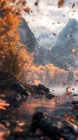 Autumn river valley with drifting leaves and misty peaks.