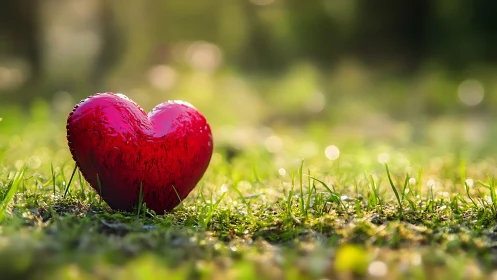 A Vibrant Red Heart Rests Peacefully on Lush Green Grass