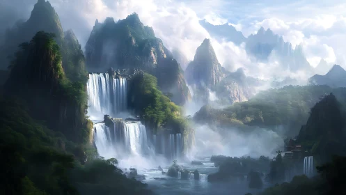 Layered waterfalls in misty mountain fantasy landscape.