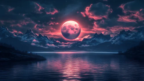 Crimson moon rises over tranquil neon-lit mountain lake.