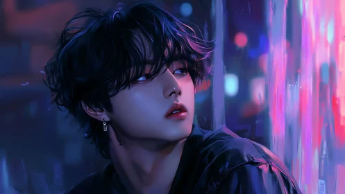 Neon-soaked night catches a wistful gaze in electric color