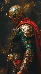 Armored figure in ornate helmet stands in side profile view