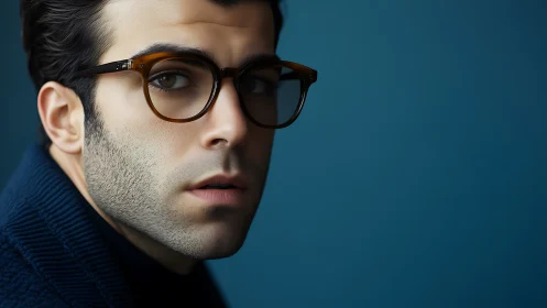 Contemplative man in glasses gazes softly against teal backdrop