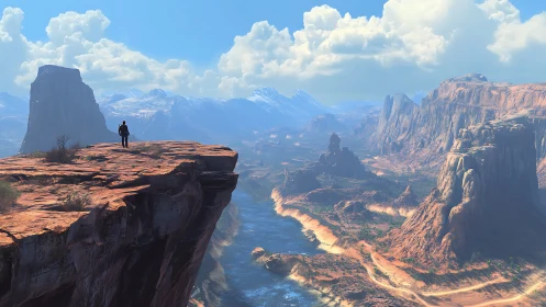 Lone hiker on canyon cliff above vast desert river valley.