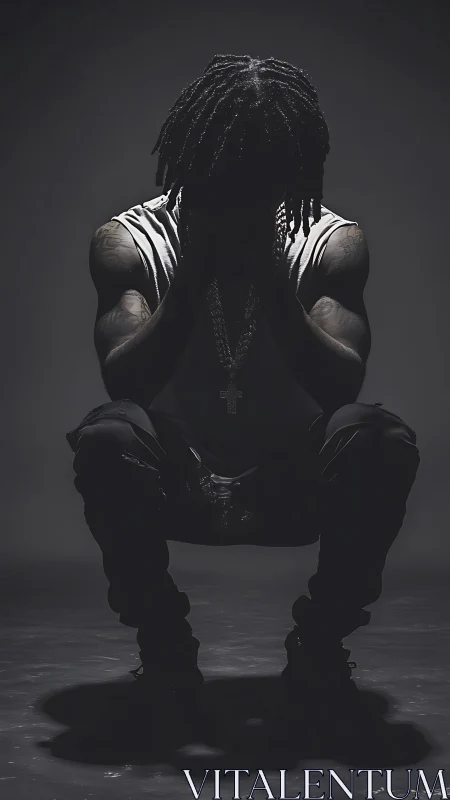 Shadowed squatting figure carves silence from studio light