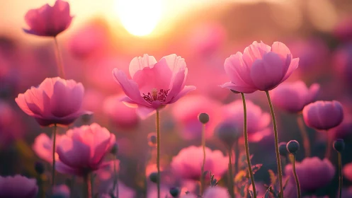 Pink Cosmos Flowers Glowing in Golden Sunrise Light.