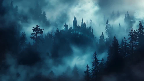 Gothic mountain castle glows through dense spectral fog
