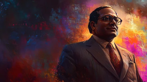 Dignified figure in suit amid radiant abstract colors.