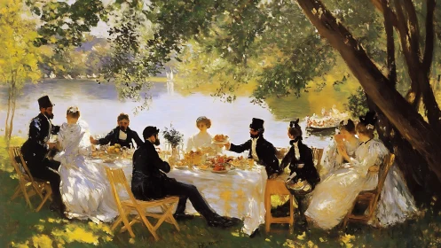 Elegant riverside luncheon gathers guests under dappled shade