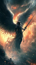 Winged dusk crusader rising through stormlit inferno sky.