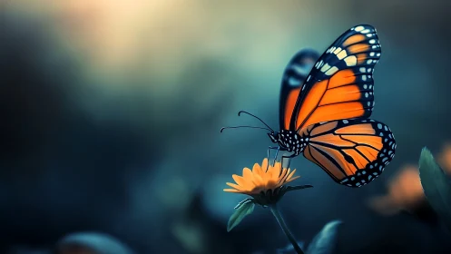 Monarch butterfly poised on bloom in soft dusk glow.