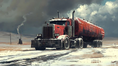 Rust-red winter tanker rolling through a lonely snowfield.