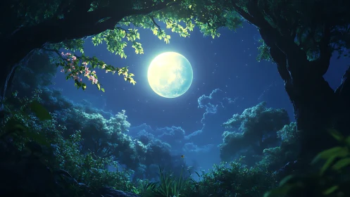 Cave opening reveals luminous full moon through verdant foliage.
