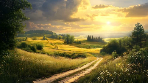 Golden country path glows gently under a warm evening sky