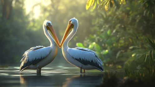 Two White Pelicans in Lush Jungle Pond, Soft Morning Light.