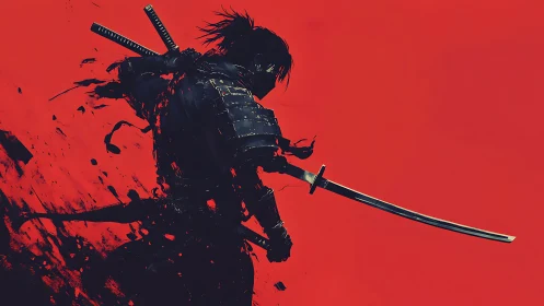 Silhouetted armored swordsman against flat red field.
