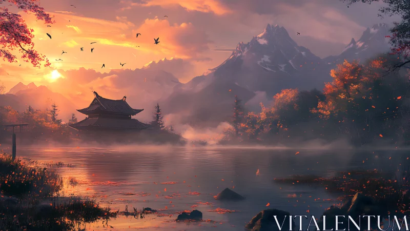 Mountain lake with pagoda at misty autumn sunrise.
