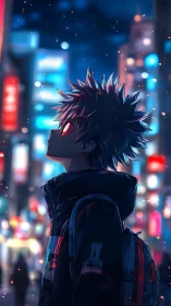 Neonlit anime boy in profile under defocused city lights