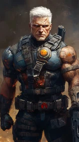 Battle-worn cyber soldier standing in smoky twilight.