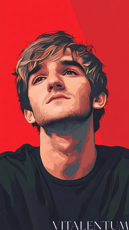 Stylized male portrait gazing upward on vivid red field.