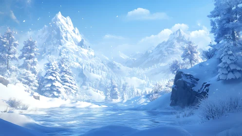 Snowbound alpine valley with crystal river and peaks.