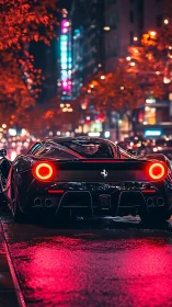 Neon-lit supercar rear profile under wet city nightscape.
