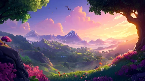 Sunlit fantasy valley opens beneath glowing pastel skies