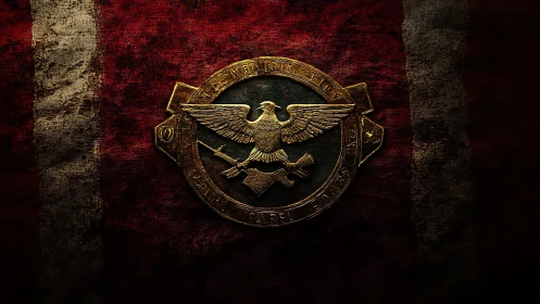 Golden eagle war emblem on distressed crimson banner