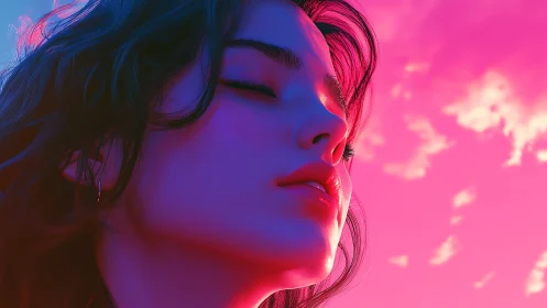 Side profile of young woman under neon pink sky.