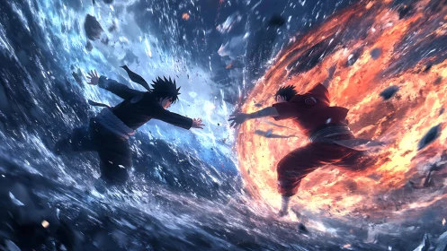 Clashing fire and ice warriors in a swirling storm of power.