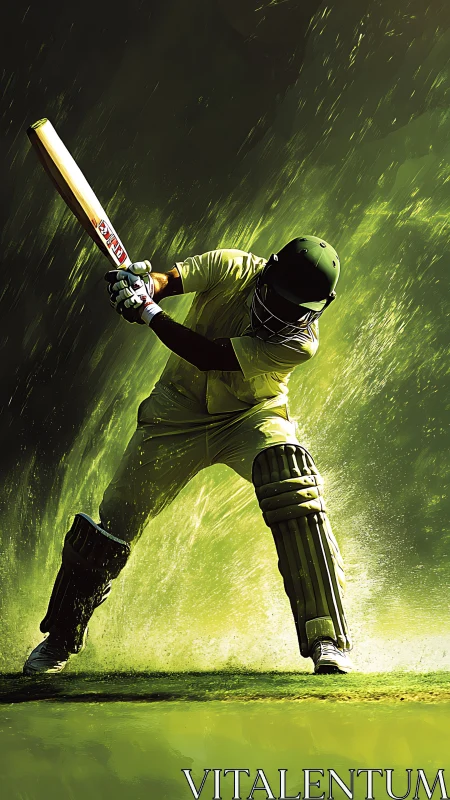 Dynamic cricket batsman in vivid green energy burst.