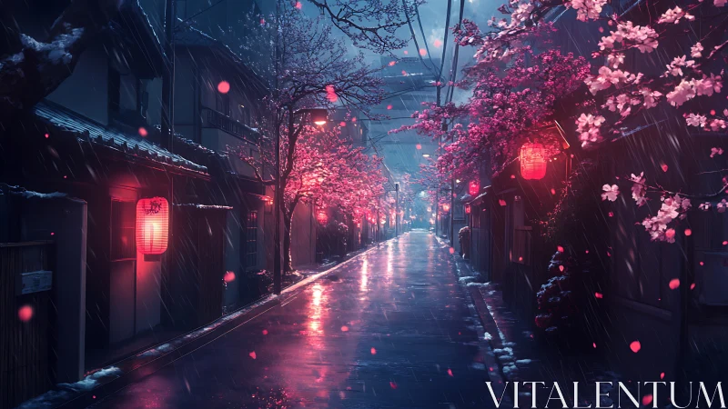 Cherry blossom alley glows with red lanterns on rainy night