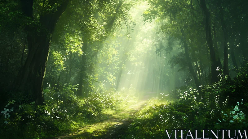 Sunlit Forest Path Through Ancient Woodland.
