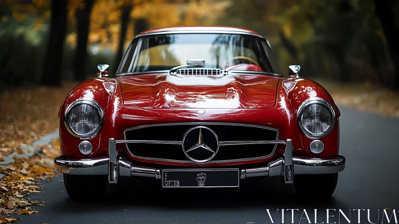 Crimson classic Mercedes glowing on a quiet autumn road.