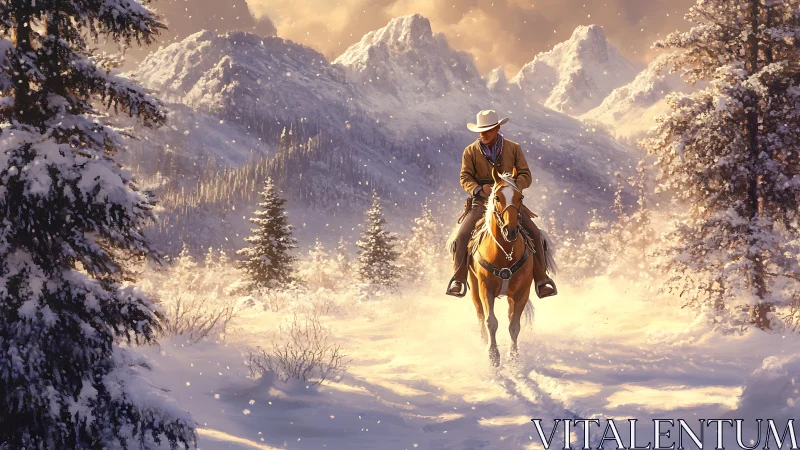 Lone cowboy rides through glowing snow in quiet mountain dawn