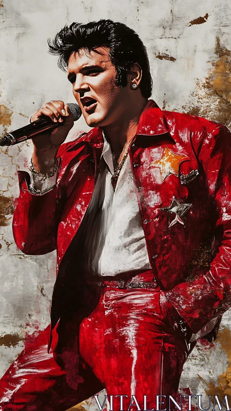 Digital portrait of male rock singer in red leather suit