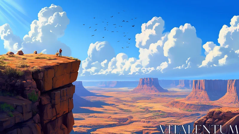 Sunlit canyon wanderers greet a cloud-bright desert sky.