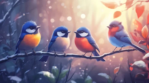 Four Colorful Songbirds on Branch in Soft Fantasy Art Style.