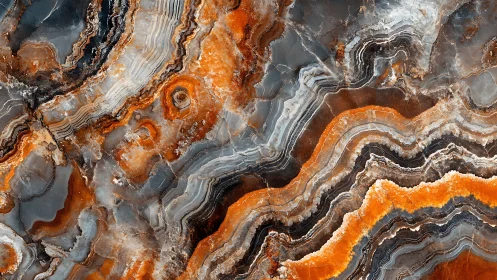 Layered agate stone surface reveals vivid orange mineral bands
